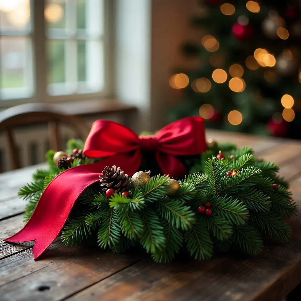 Decorative Christmas Wreath on a Table with Red Ribbon