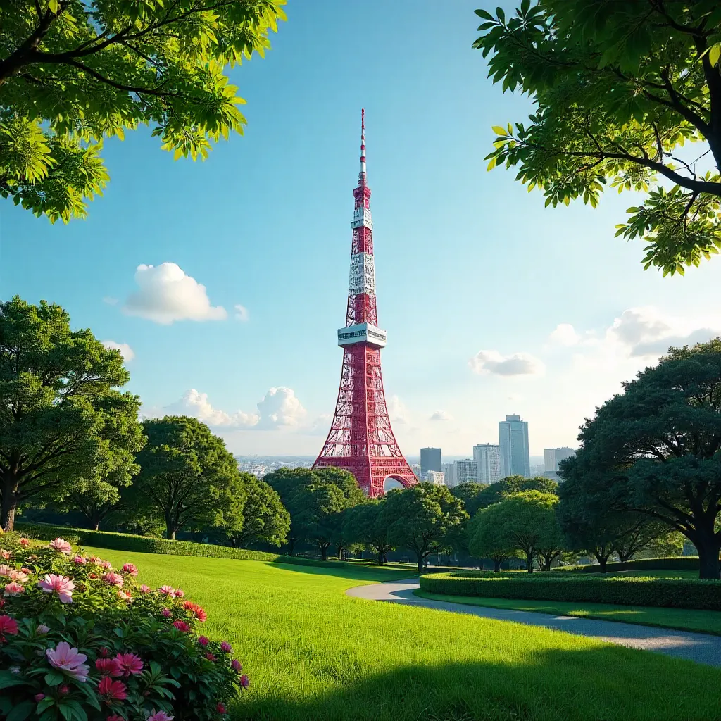 Stunning Tokyo Tower among lush greenery in Minato City
