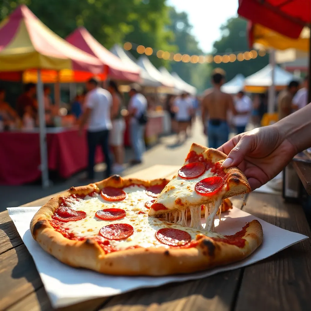 Golden Pizza Slice at an Outdoor Festival