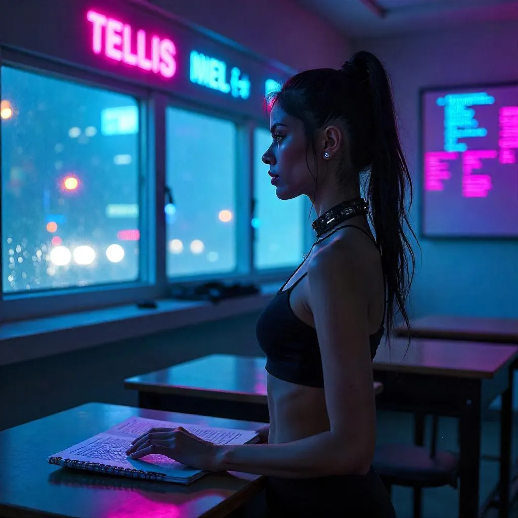Neon Classroom: Latina Cyberpunk Student