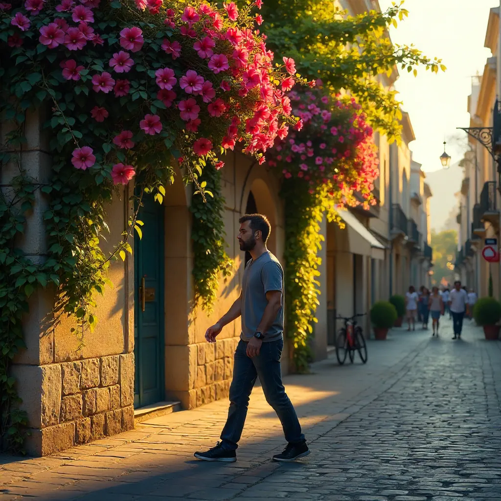 Man Walking Past a Flowering Wall on a Vibrant Street
