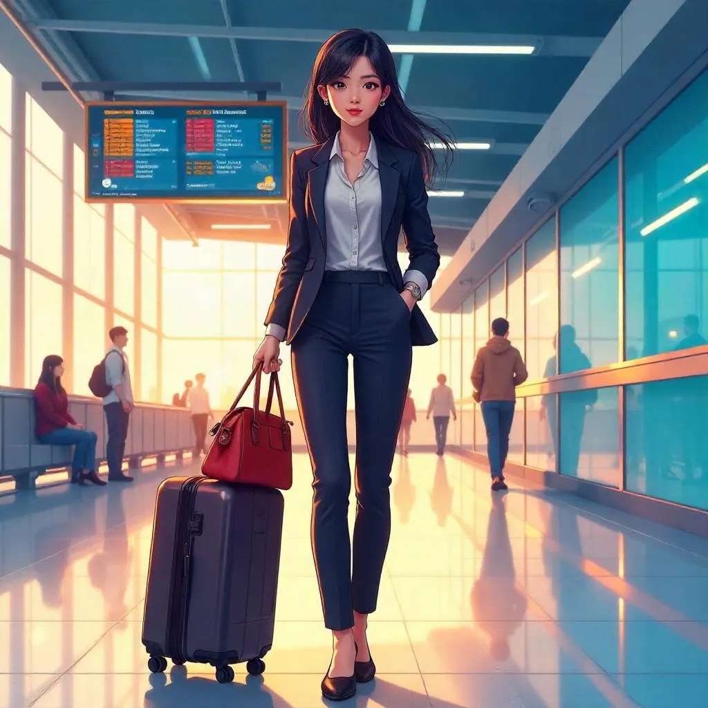Confident Asian Woman in an Anime Airport