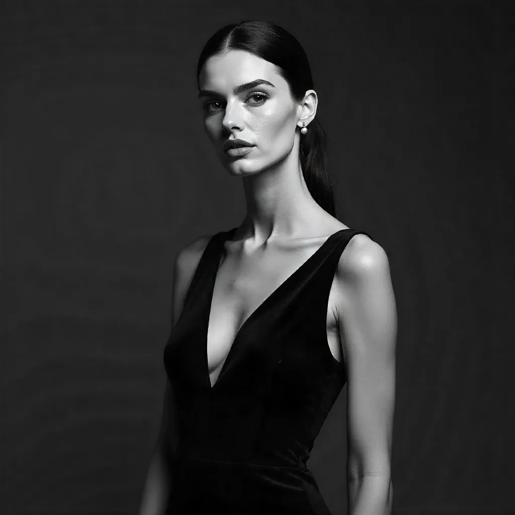Striking Black-and-White Fashion Portrait in a Black Dress