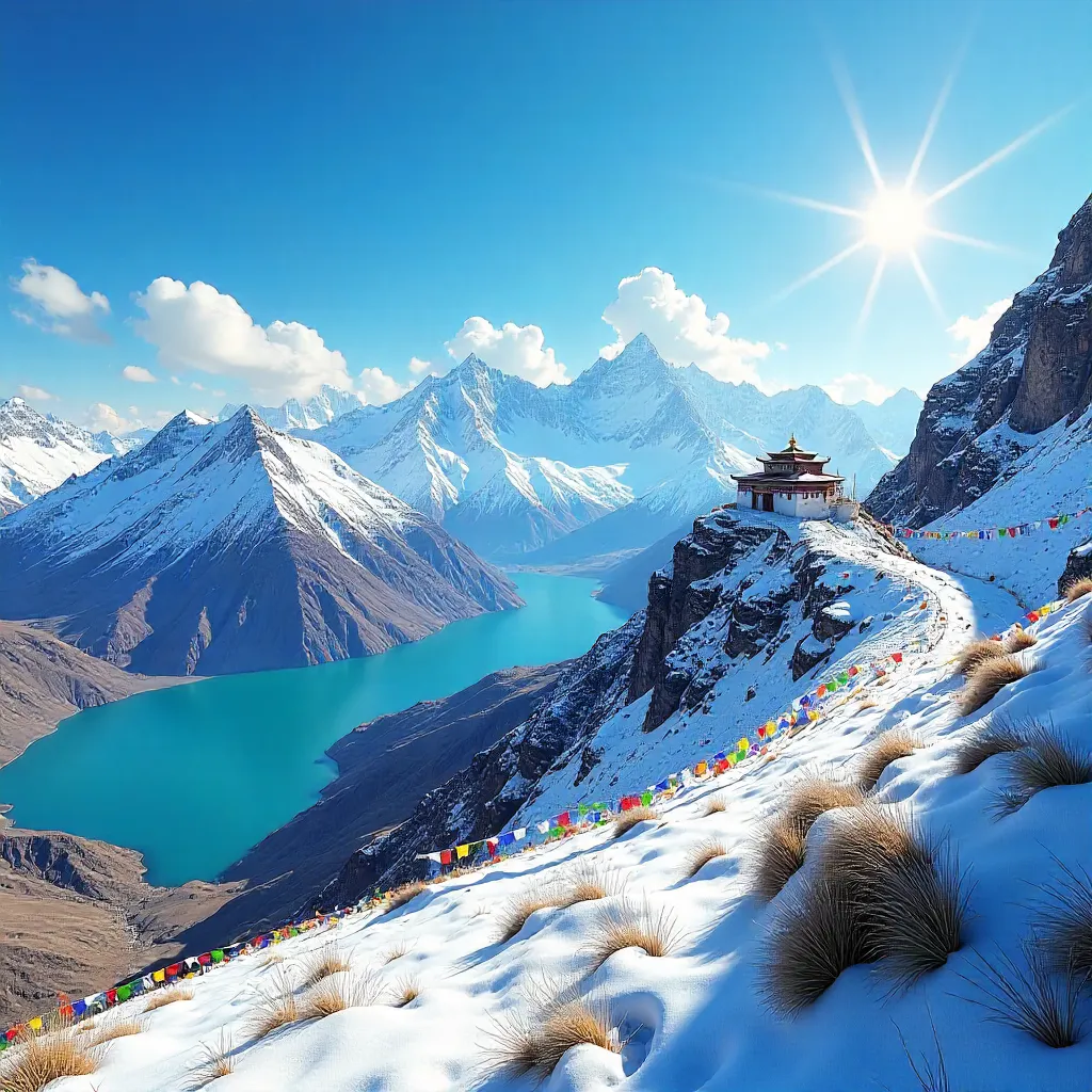 Snow-Capped Tibetan Peaks Under a Vibrant Blue Sky