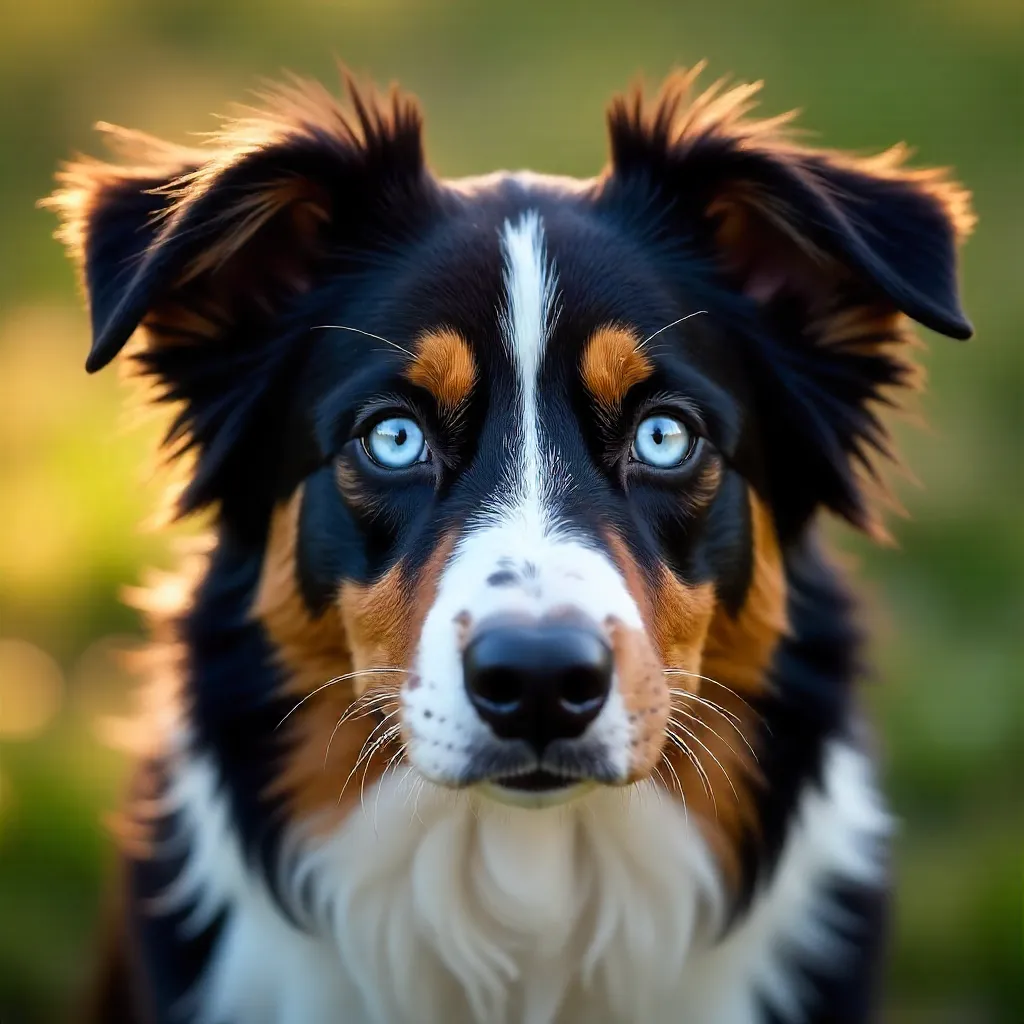 Blue-Eyed Tricolor Australian Shepherd: Close-Up in Natural Light