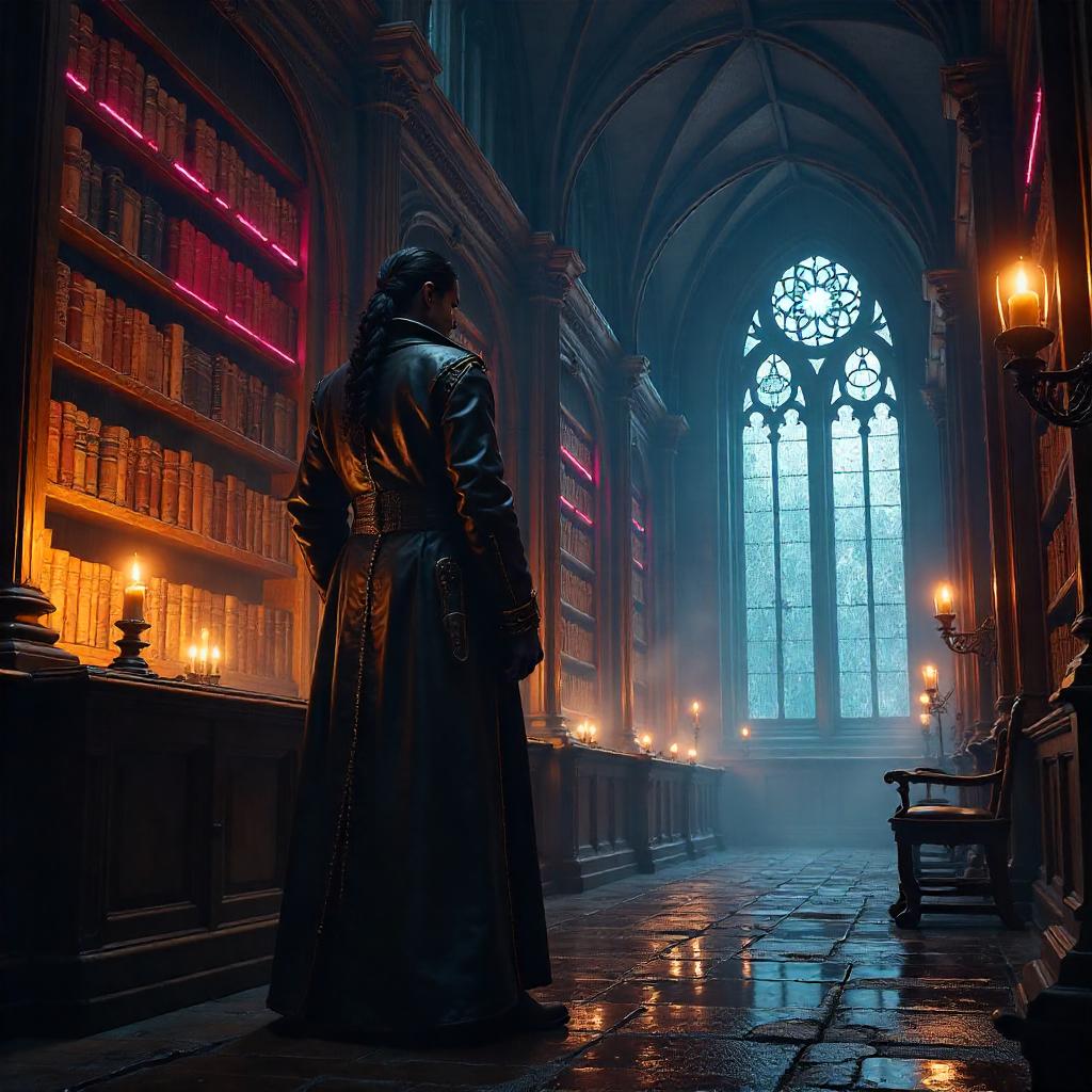 Neon Scrolls: Cyberpunk Librarian in the Medieval Era
