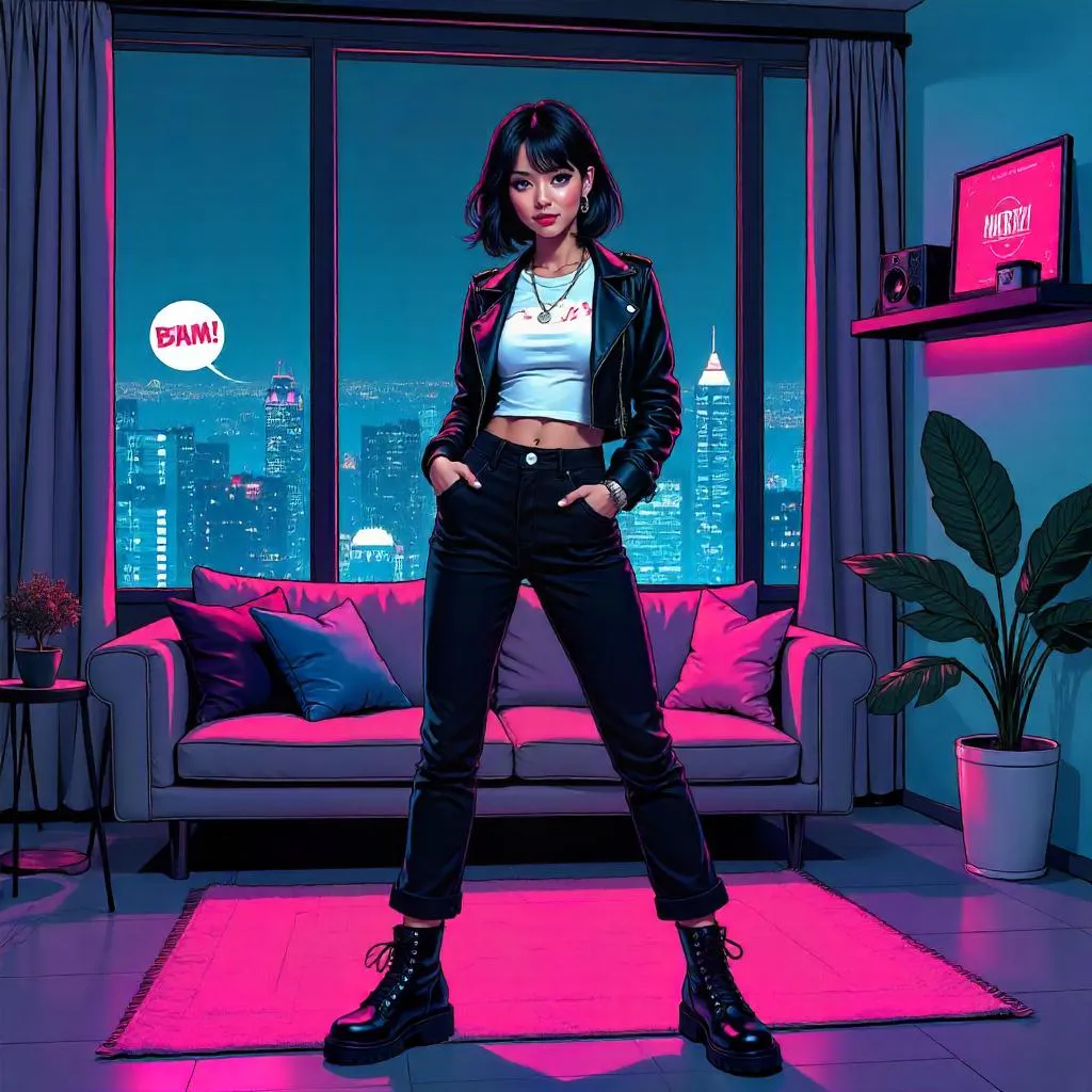 Stylish Asian Girl in a Neon Comic Apartment