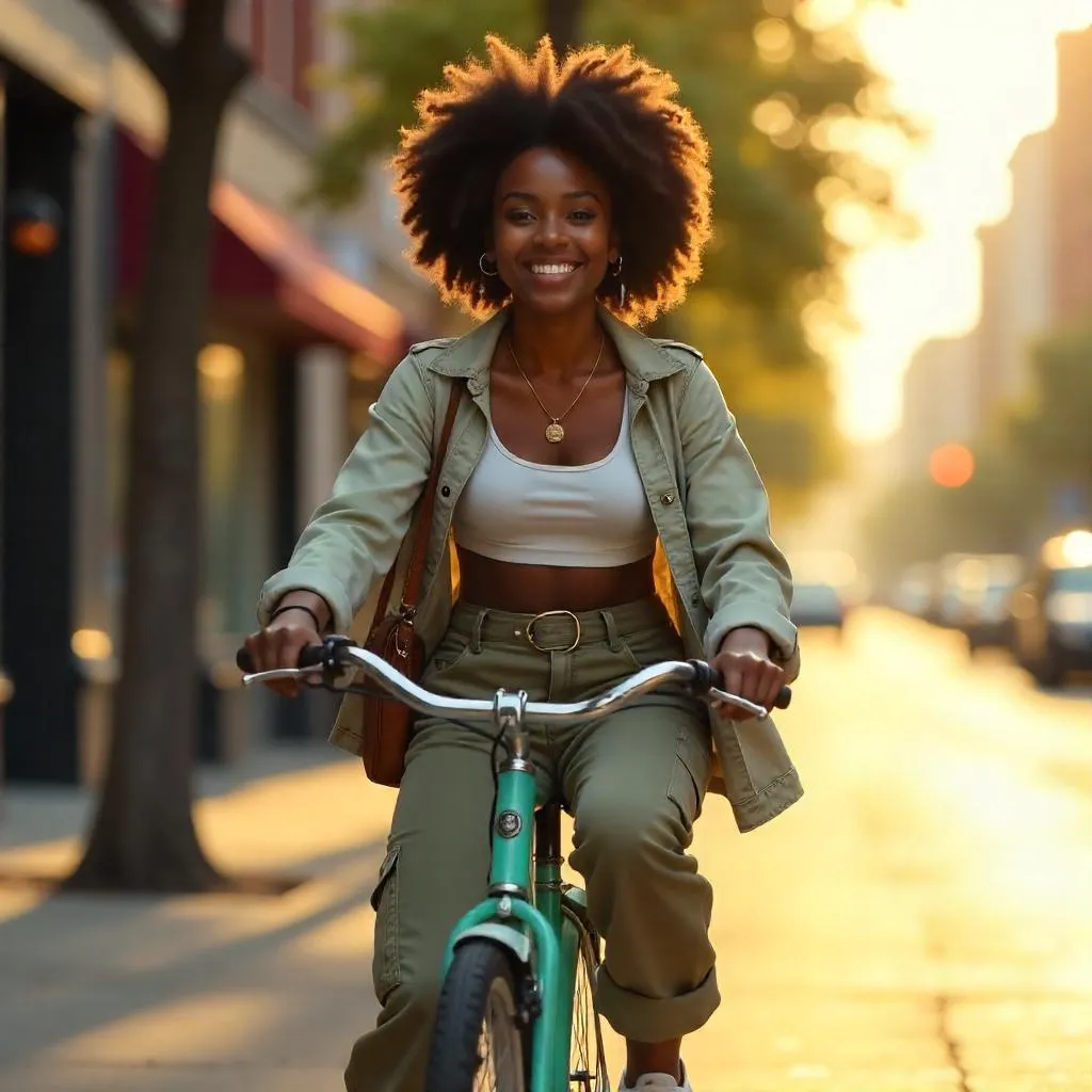 Photorealistic Stylish Black Girl on a Bicycle