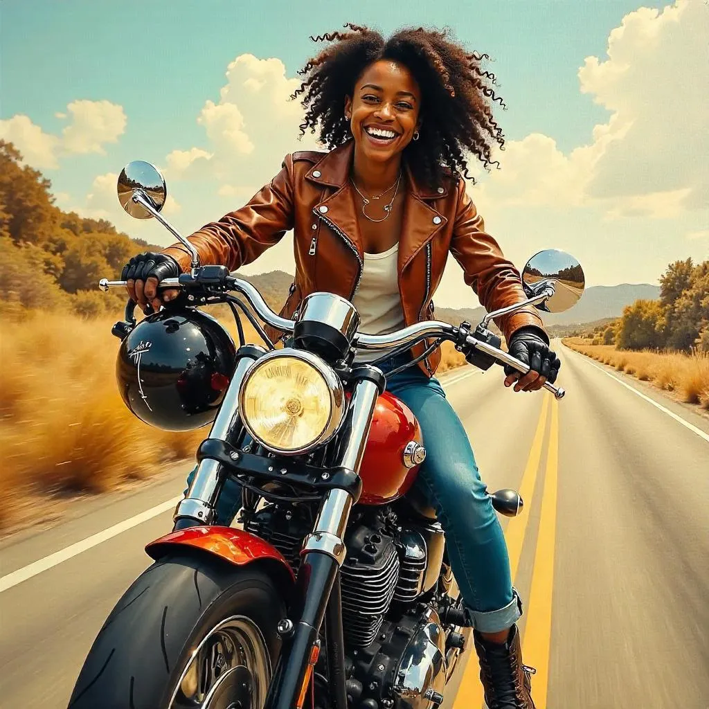 Cheerful Black Girl on a Motorcycle — Oil Painting
