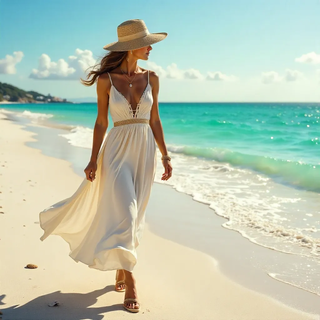 Elegant Woman on a Serene Summer Beach