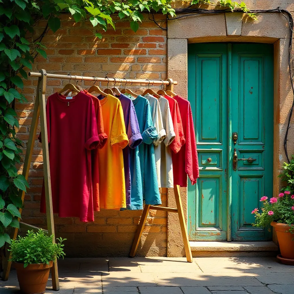 Colorful Clothes on a Rustic Brick Wall with Teal Doors