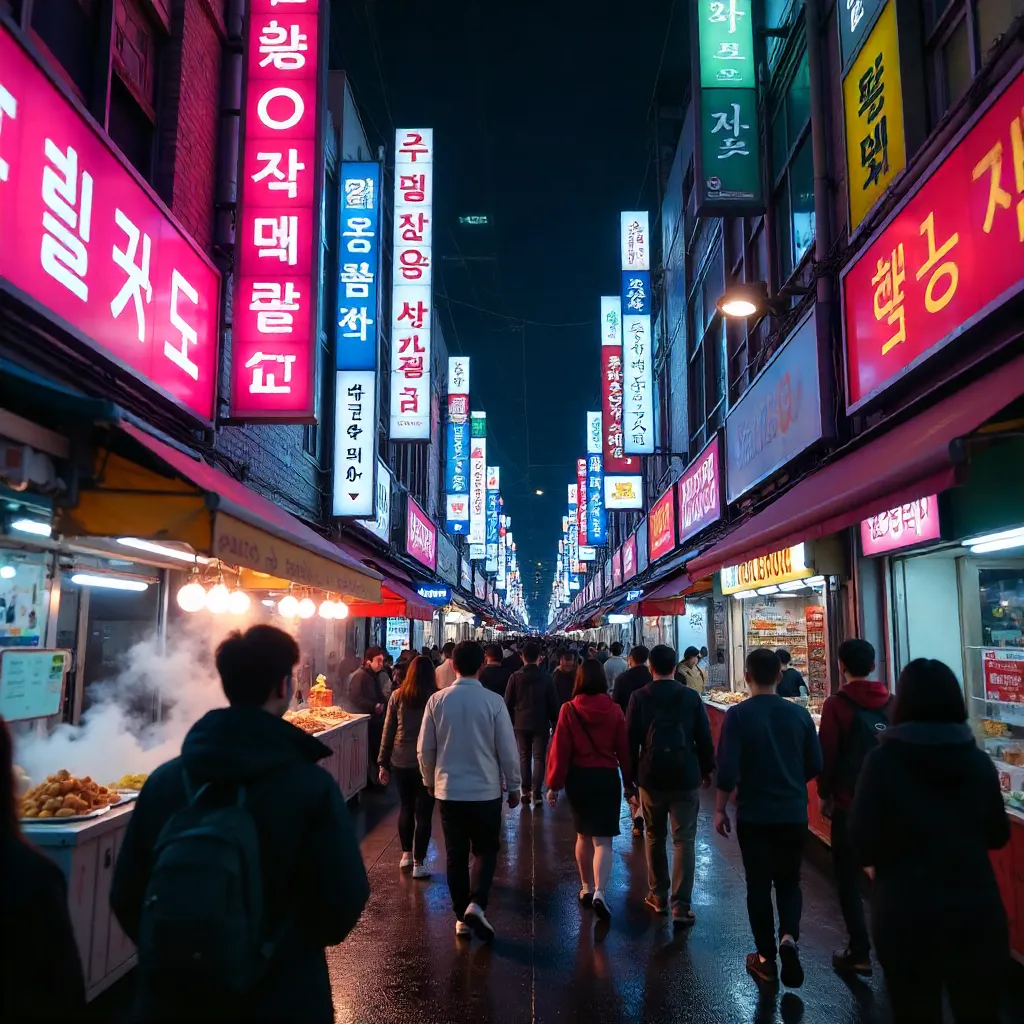 Neon Seoul: Bustling Night Street with Signs and People