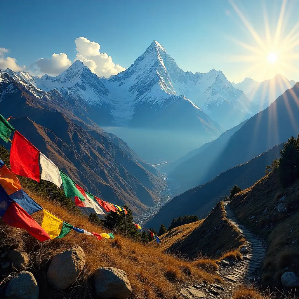Prayer Flags Over Nepalese Himalayan Peaks