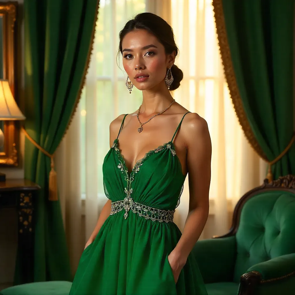 Emerald Sheer Gown Couture Portrait Indoors