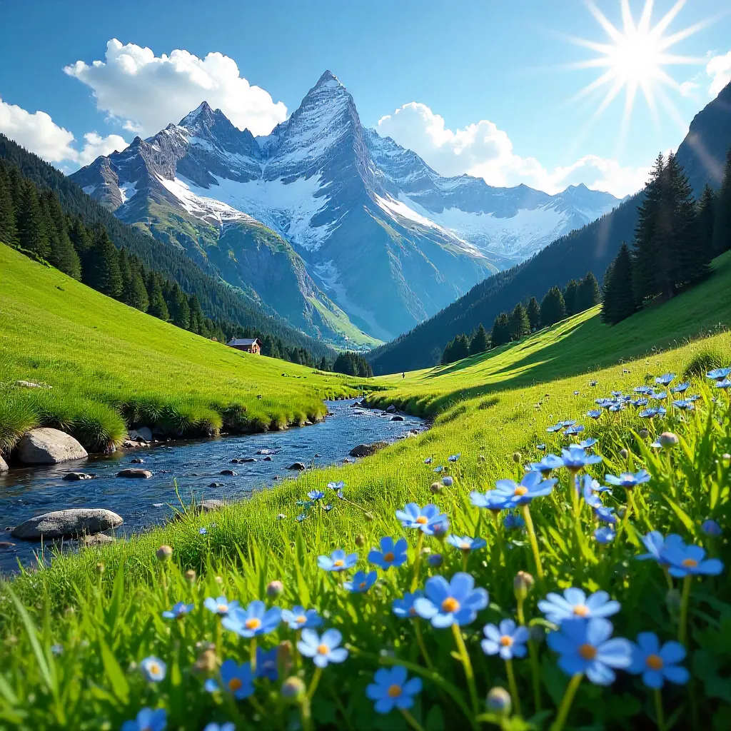 Spring Alpine Scene: Snow-Capped Peaks and Blue Florals