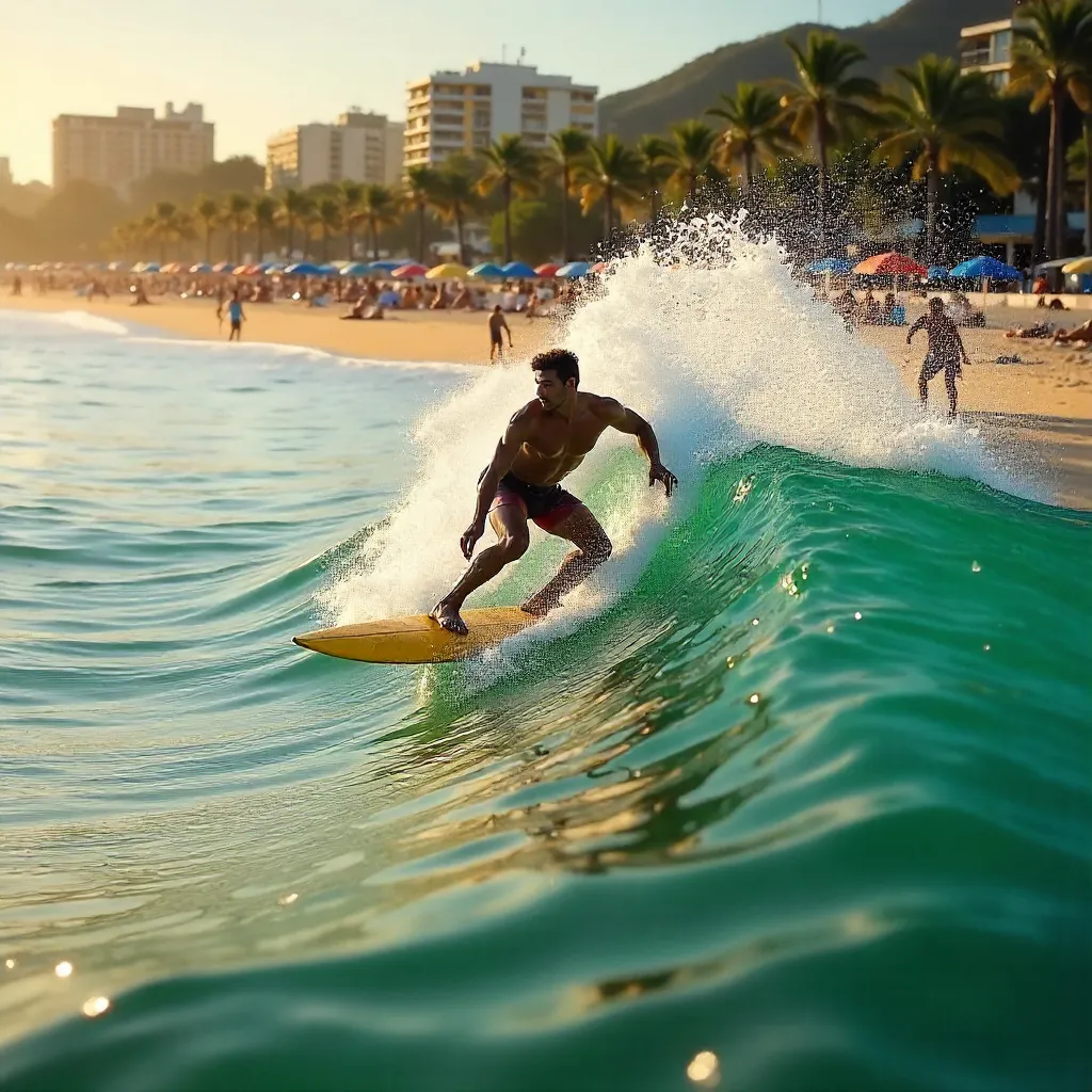 Riding a Wave at Mongaguá Beach, Brazil
