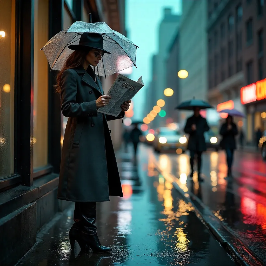 Rainy City Chic: Woman Reading a Newspaper Outdoors
