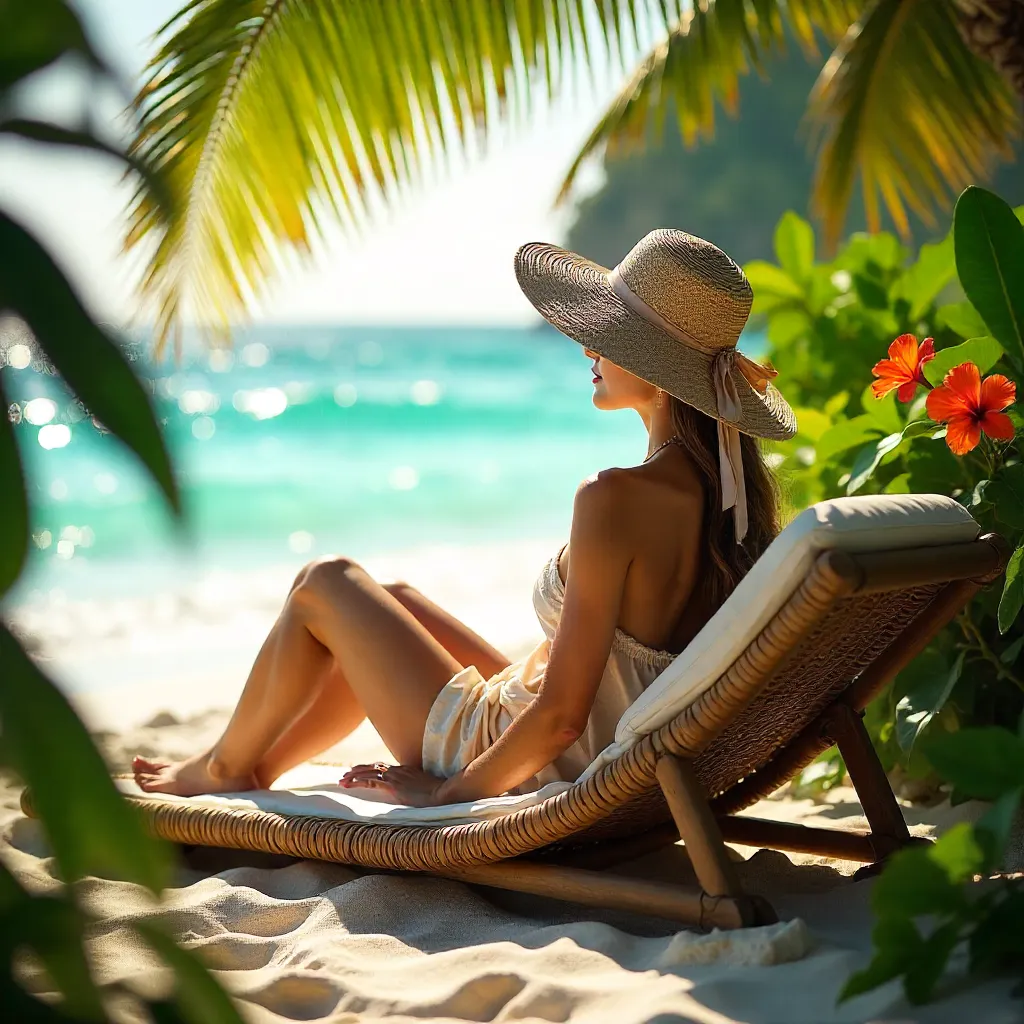 Woman in a Straw Hat Lounging on a Tropical Beach