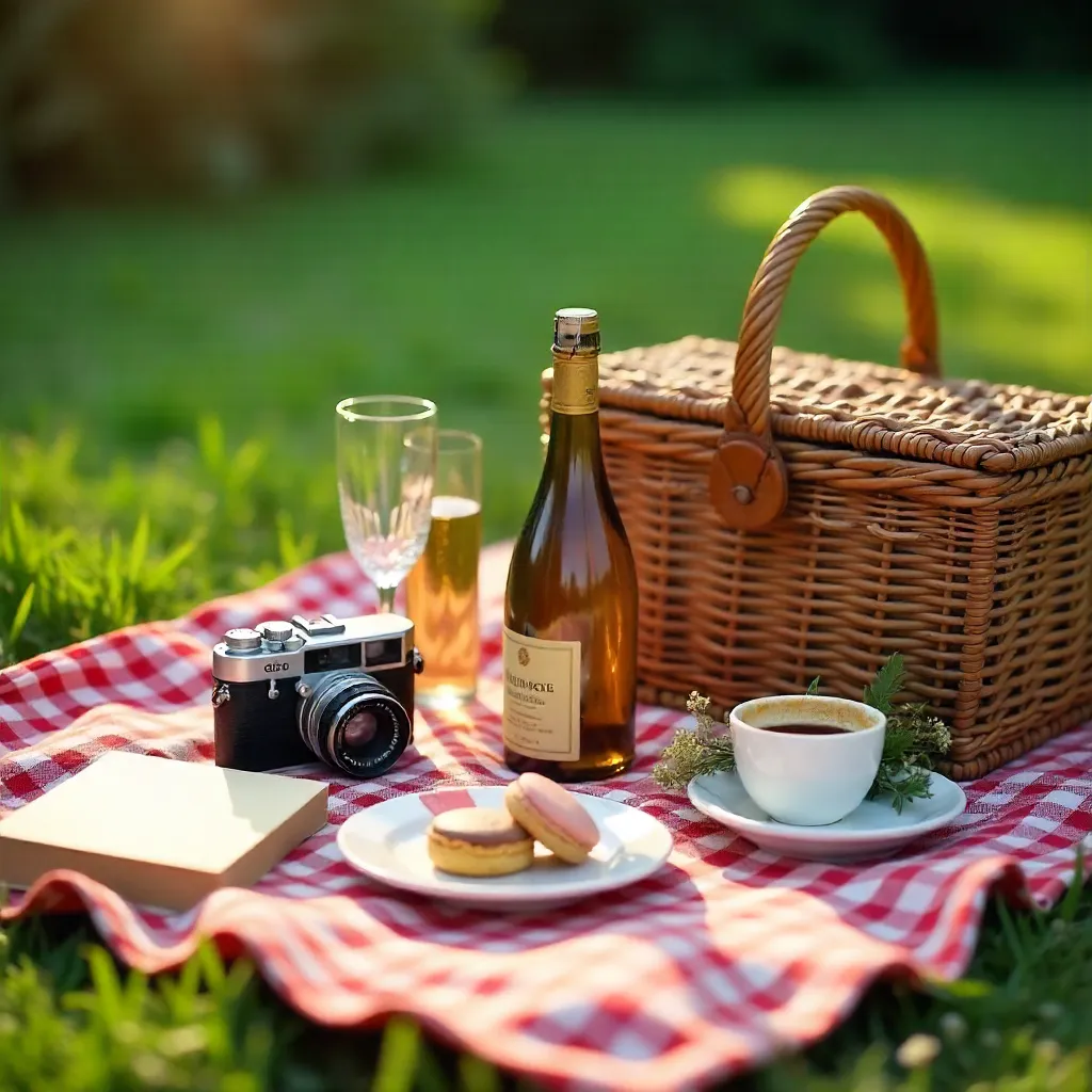 Charming Vintage Picnic with Cameras, Book, Wine, and Desserts