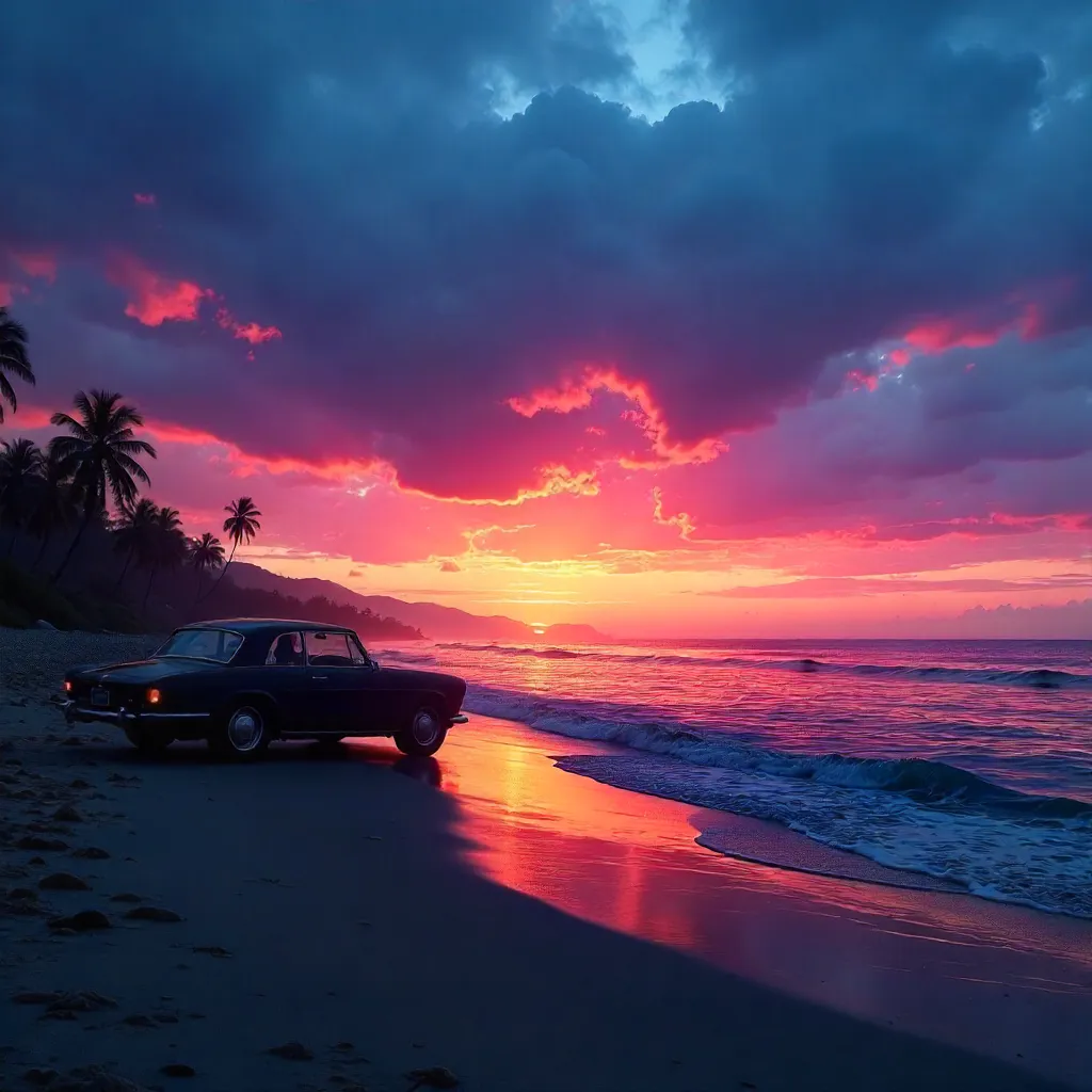 Twilight Beach Silhouette with a Vibrant Sky