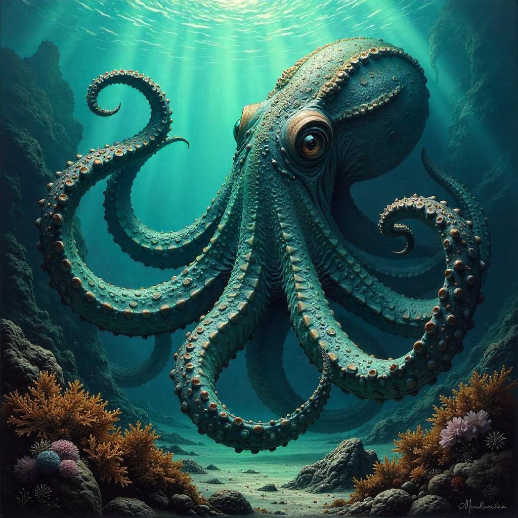 Submerged Kraken in an Opulent Oil Painting