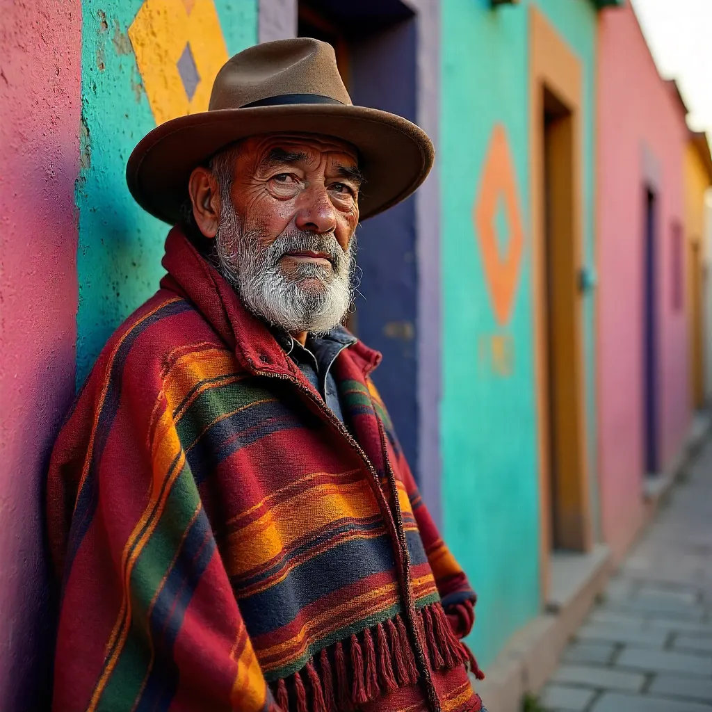 Elderly Peruvian in a Colorful Wall Backdrop