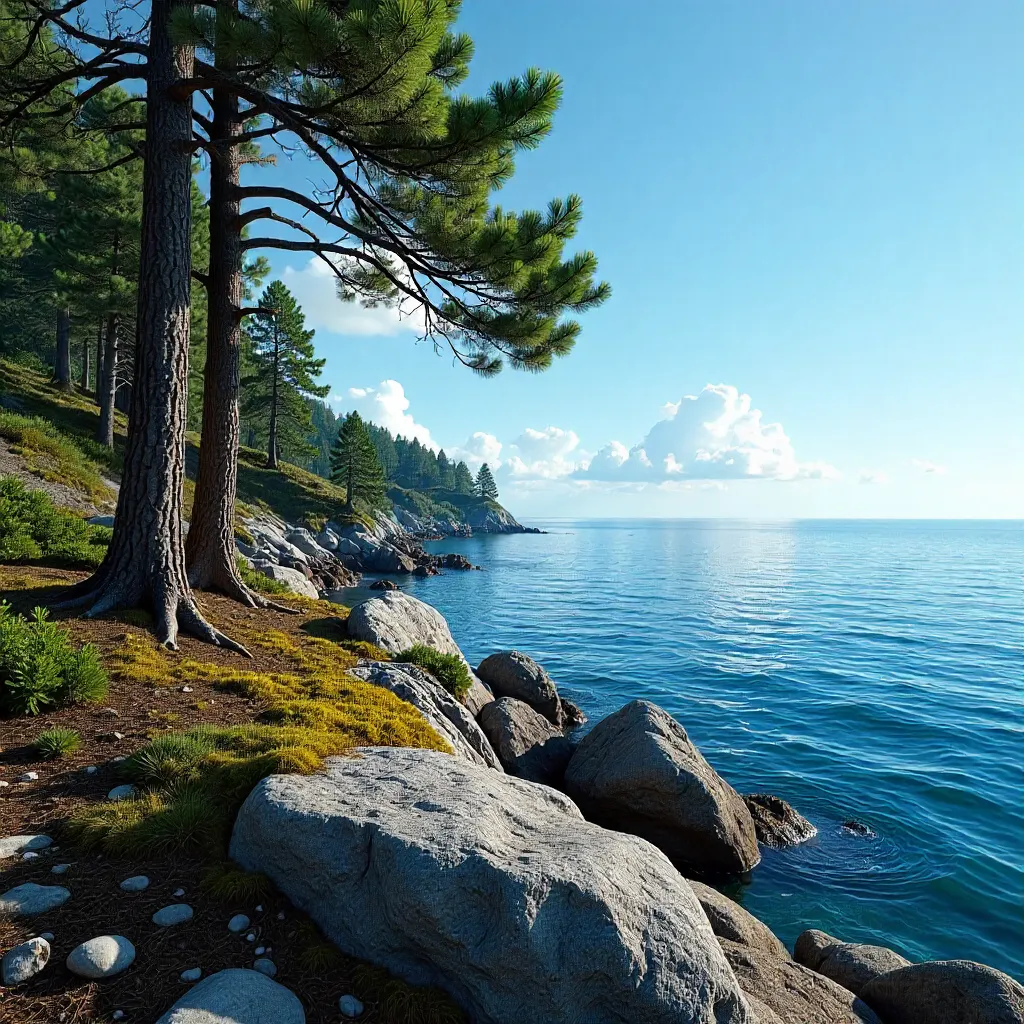Peaceful Pine Forest Over Calm Coastal Sea