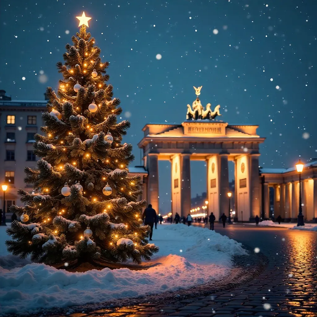 Snowy Brandenburg Gate: Christmas Tree at Night