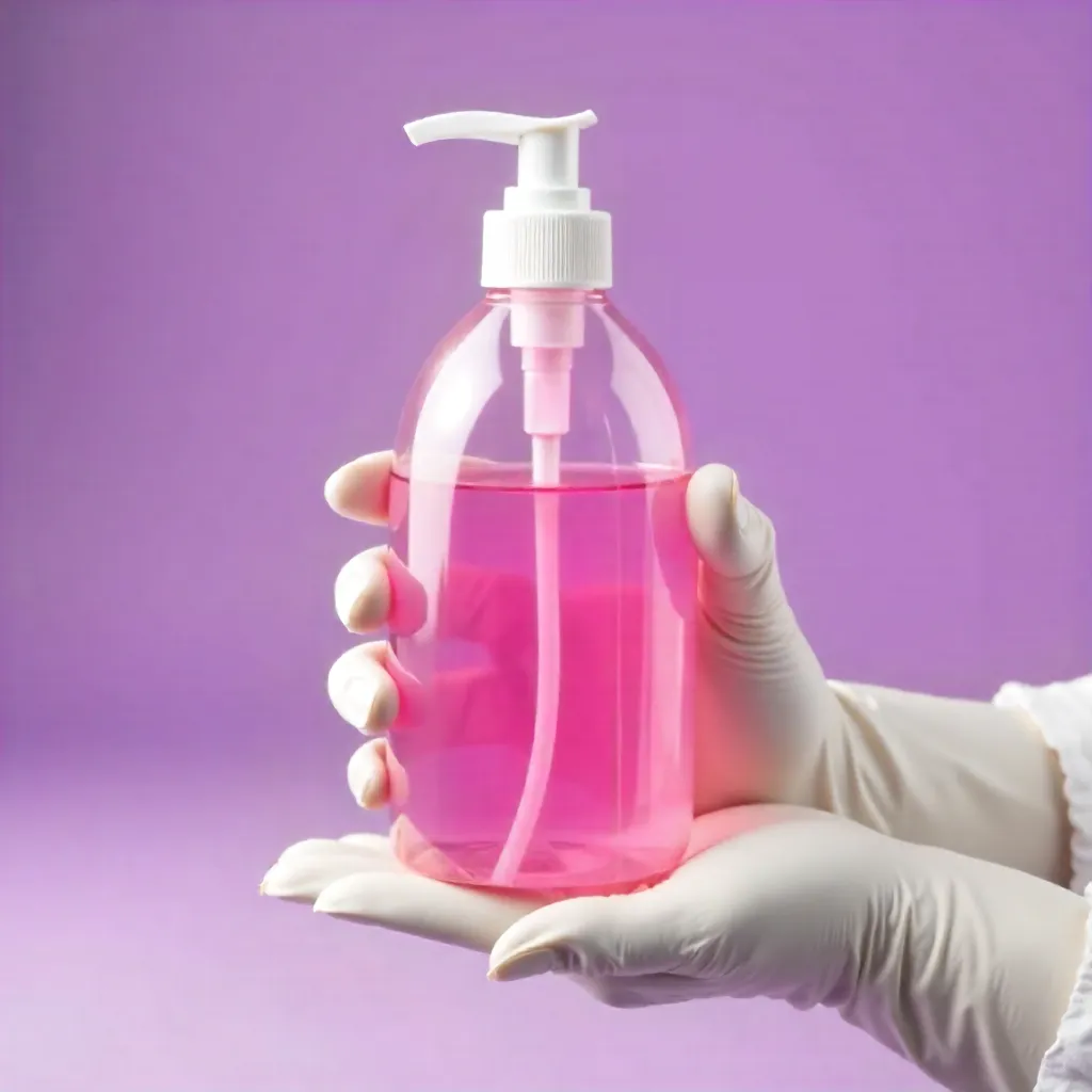 Pink Detergent Bottle in Gloved Hands Purple Studio Shot