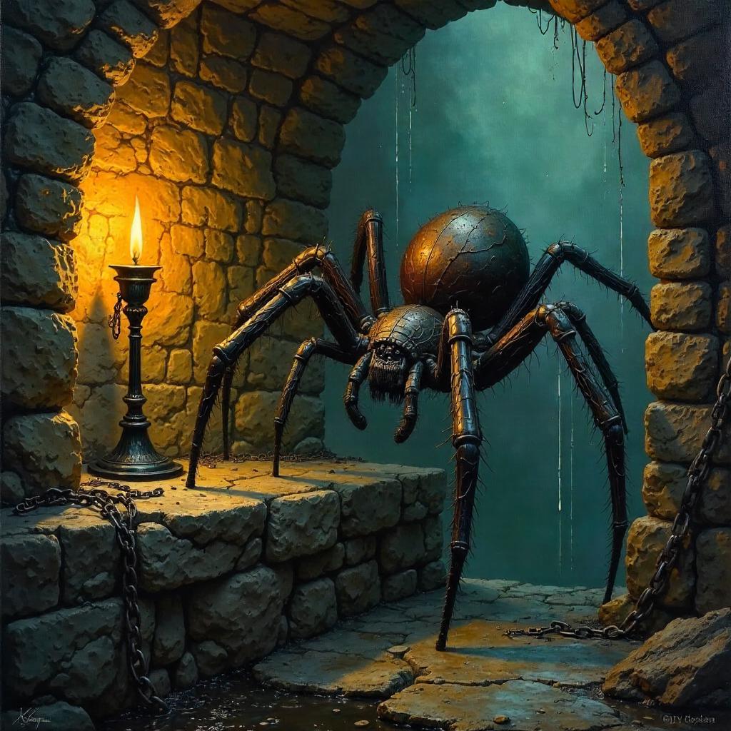 Spider in a Damp Castle Dungeon — Oil Painting