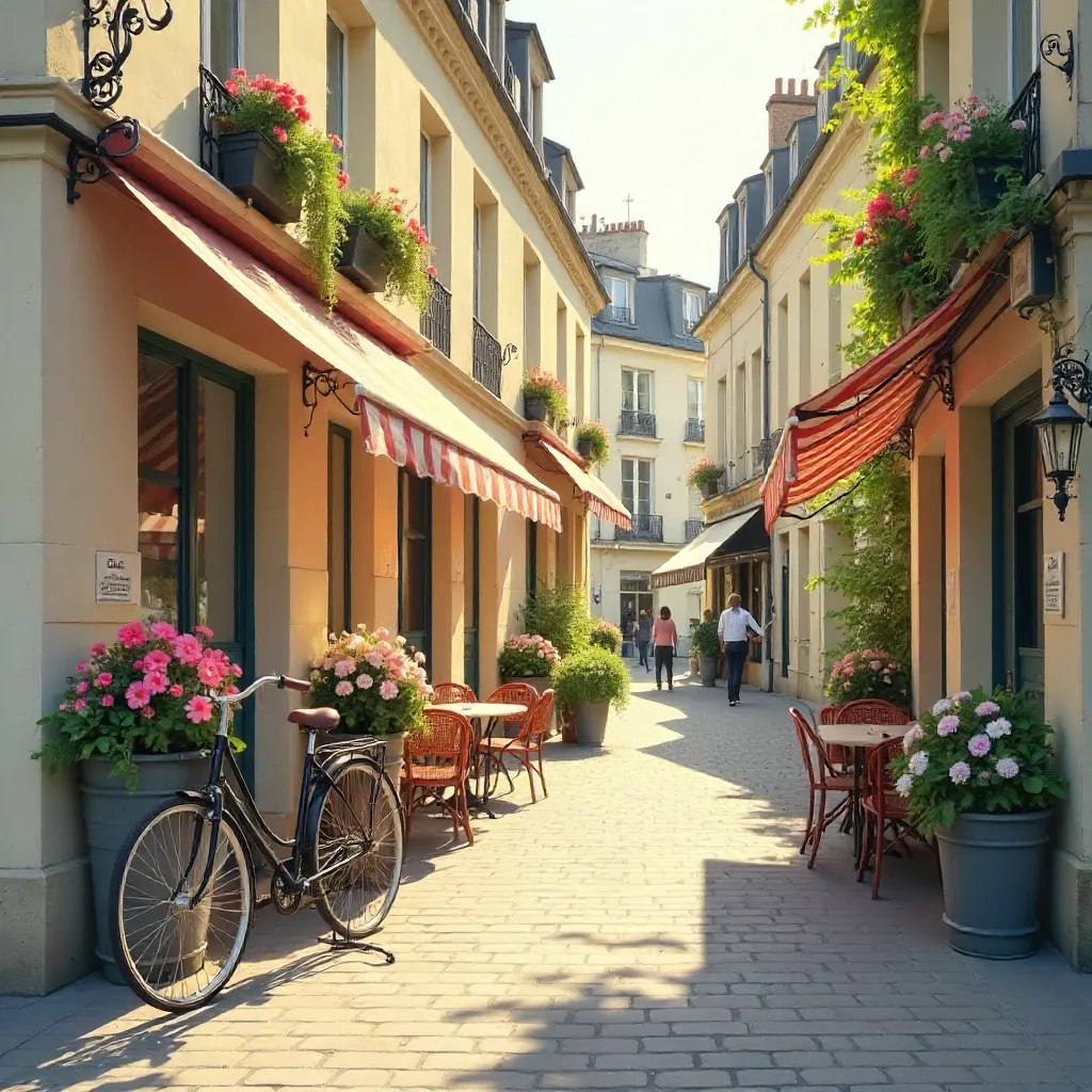 Timeless Parisian Street Corner with Bicycle and Blooming Flowers