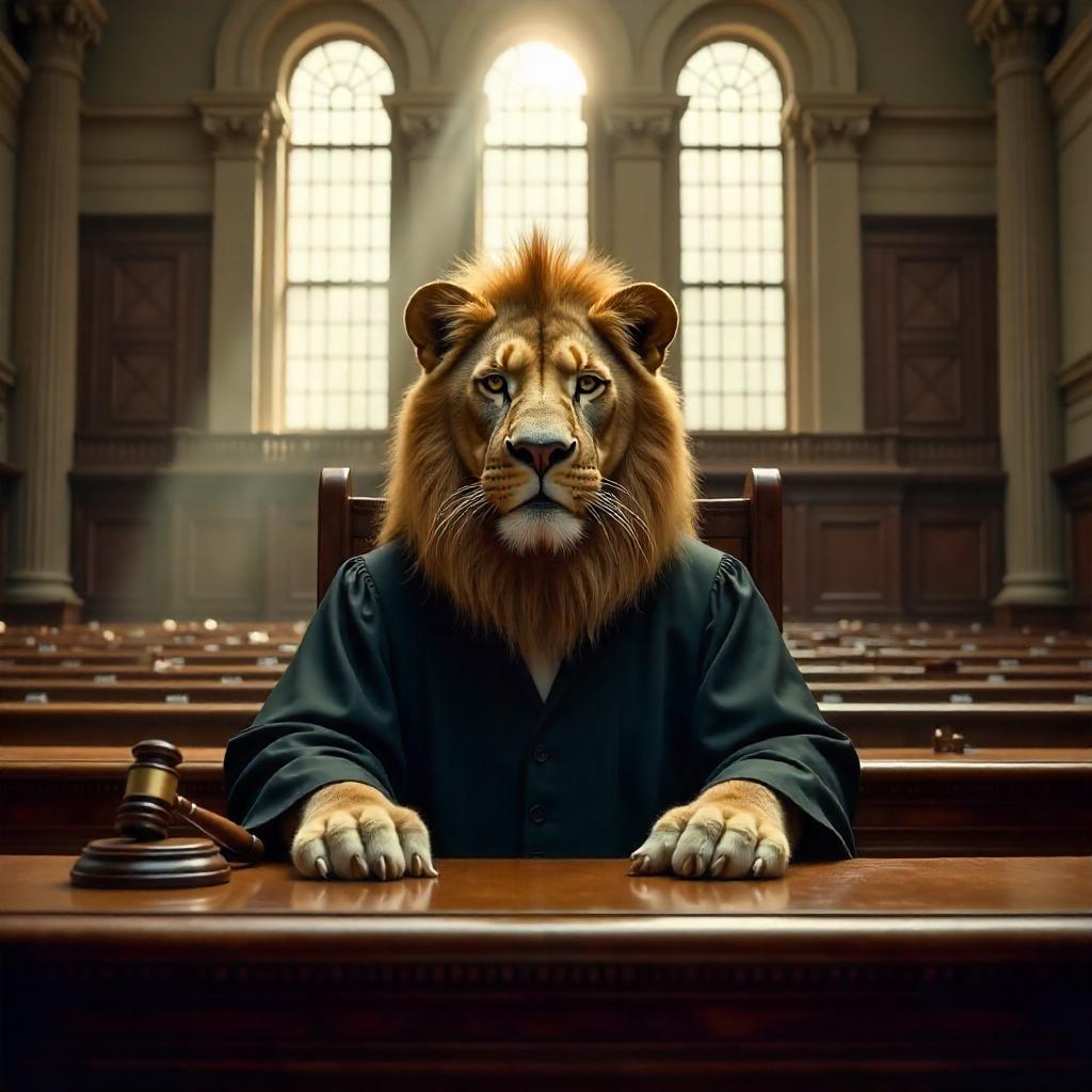 Regal Lion Presiding in a Grand Courthouse