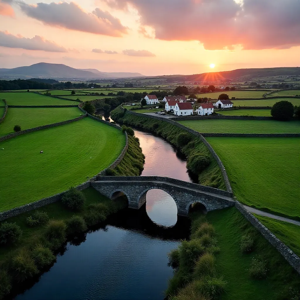 Sunset Aerial Over Clare River Village and Burren