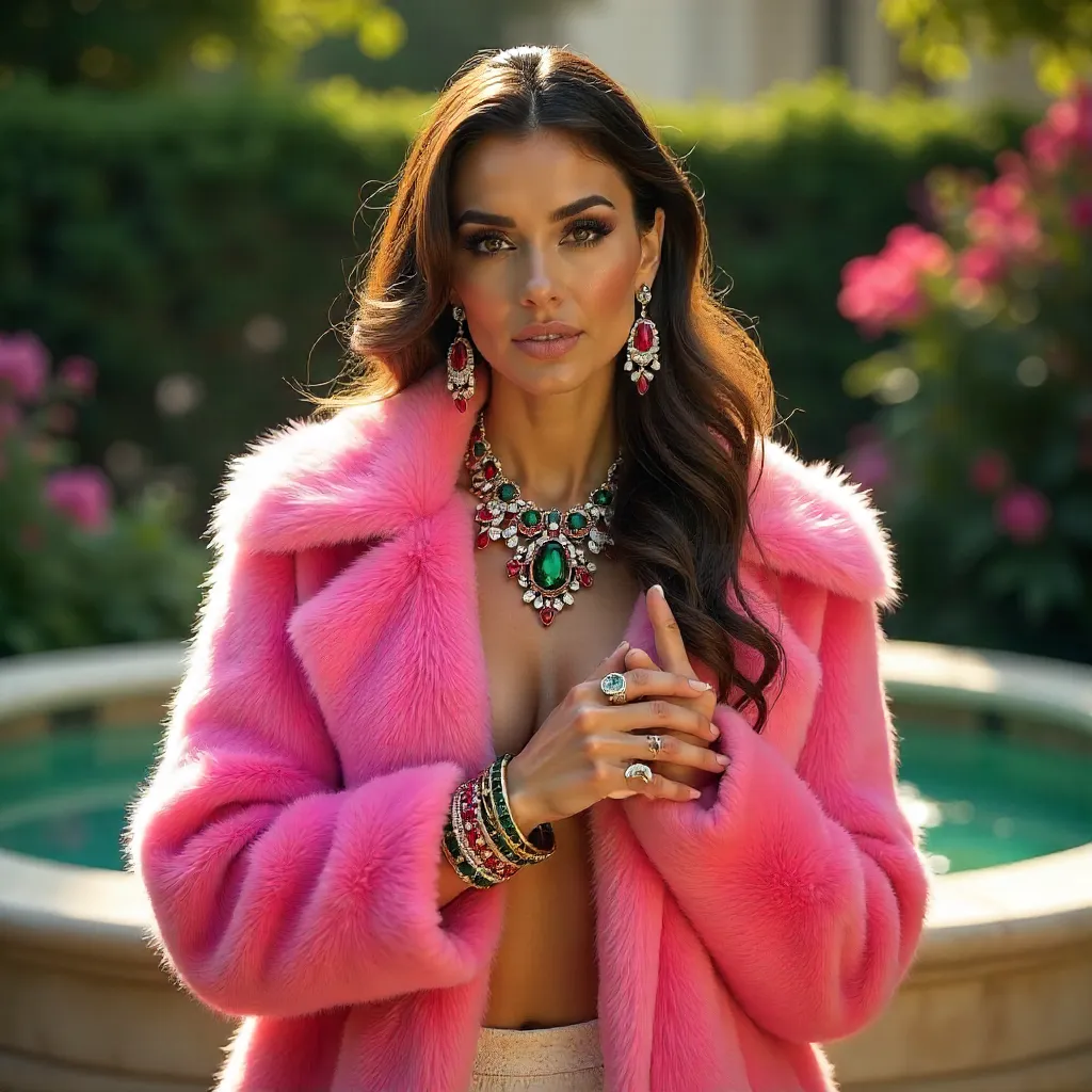 Glamorous Pink Fur Coat with Sparkling Jewelry Outdoors