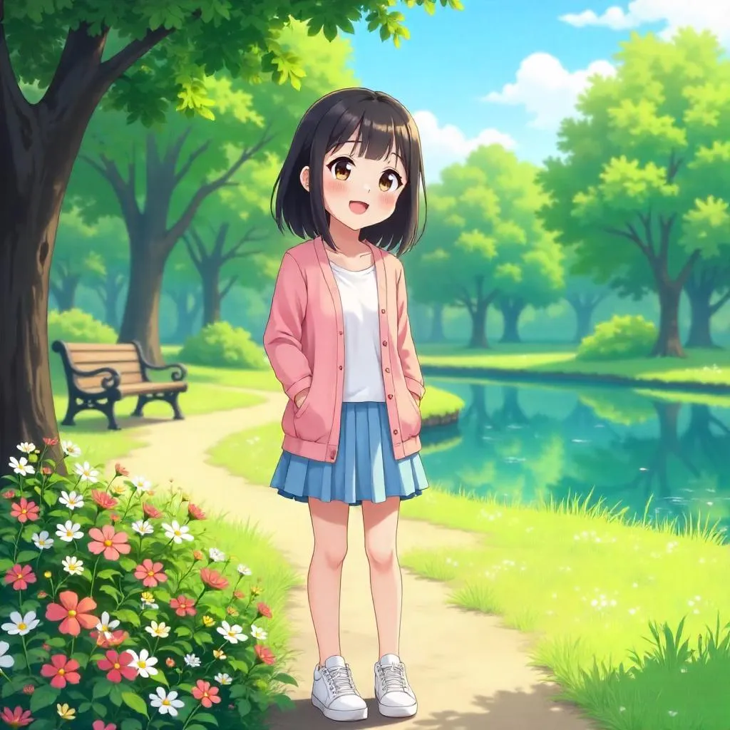 Cheerful Anime Girl in a Sunlit Park