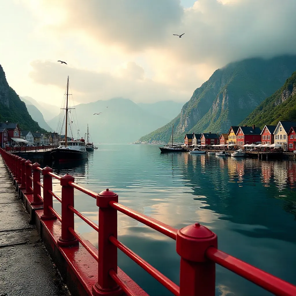 Bergen Harbor Vista: Red Dock Railing & Mountain Backdrop
