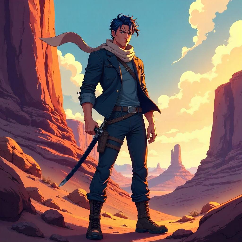 Handsome Anime Hero in a Sunset Canyon