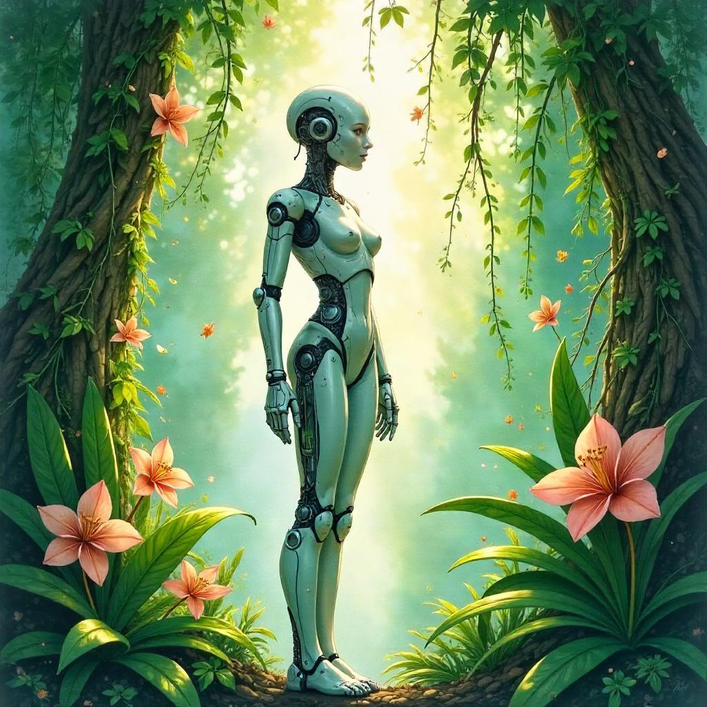 Android in Jungle Canopy: Watercolor Reverie