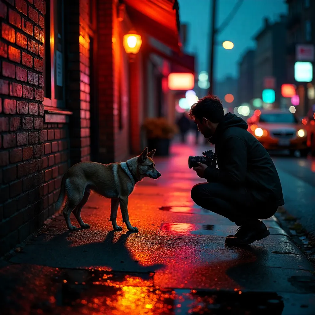 Shadow of a Photographer on the Street Capturing a Stray Dog