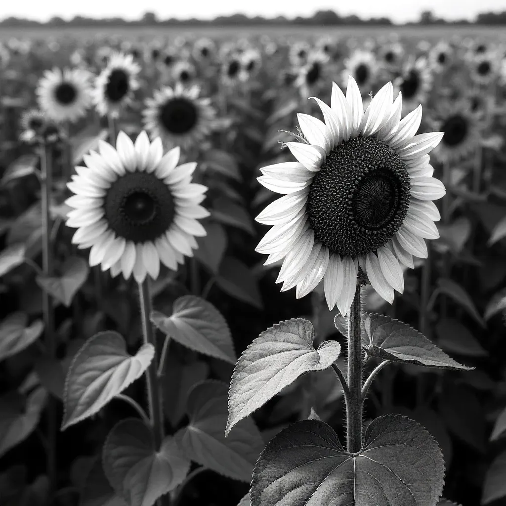 Monochrome Sunflower Field: Textures and Patterns