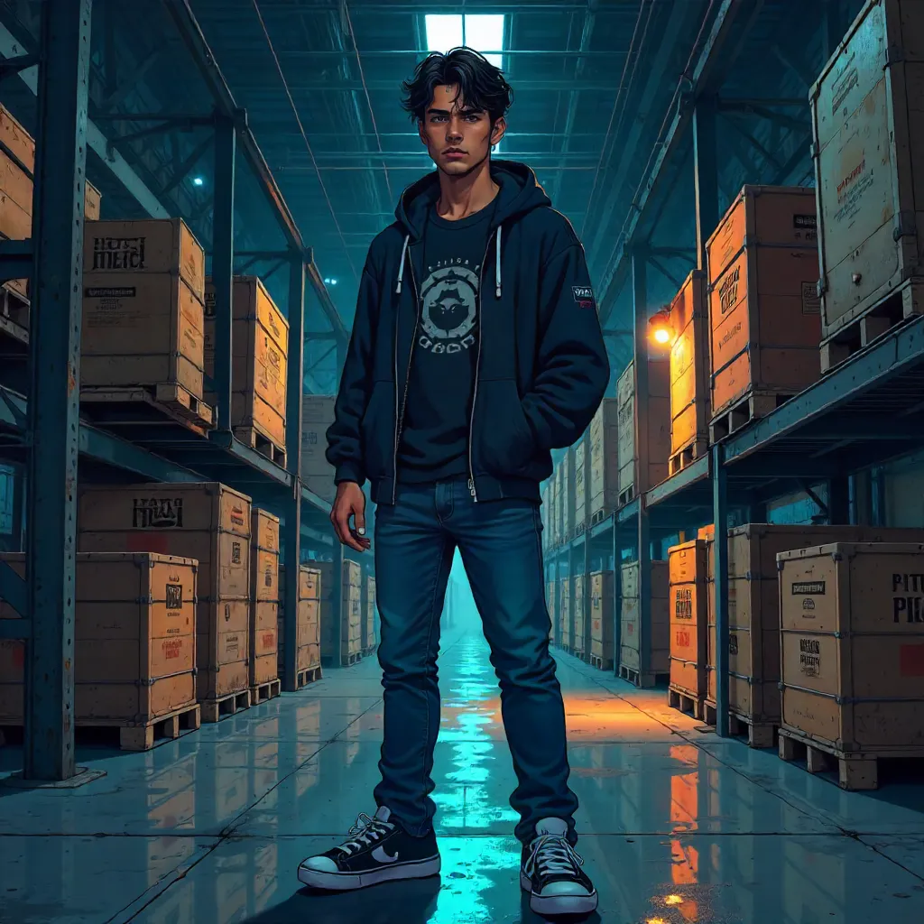 Latino Anime Protagonist in a Dim Warehouse