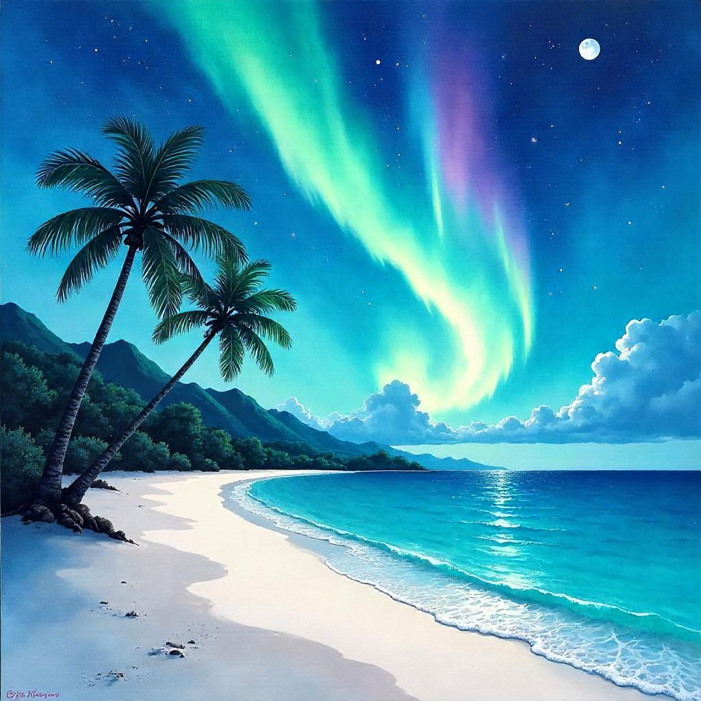 Aurora over a Tropical Island in Watercolor Dream