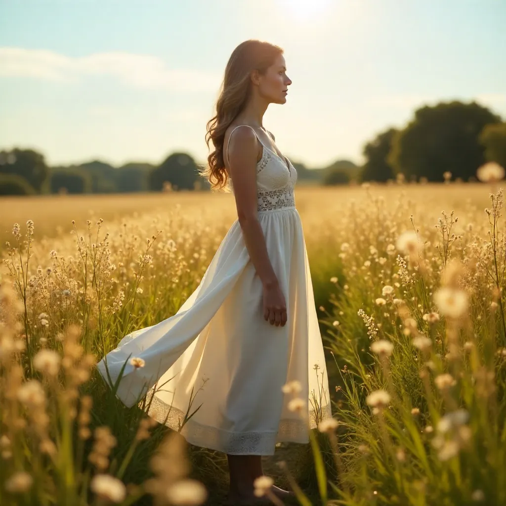 Serene Summer Field: Woman in a White Dress