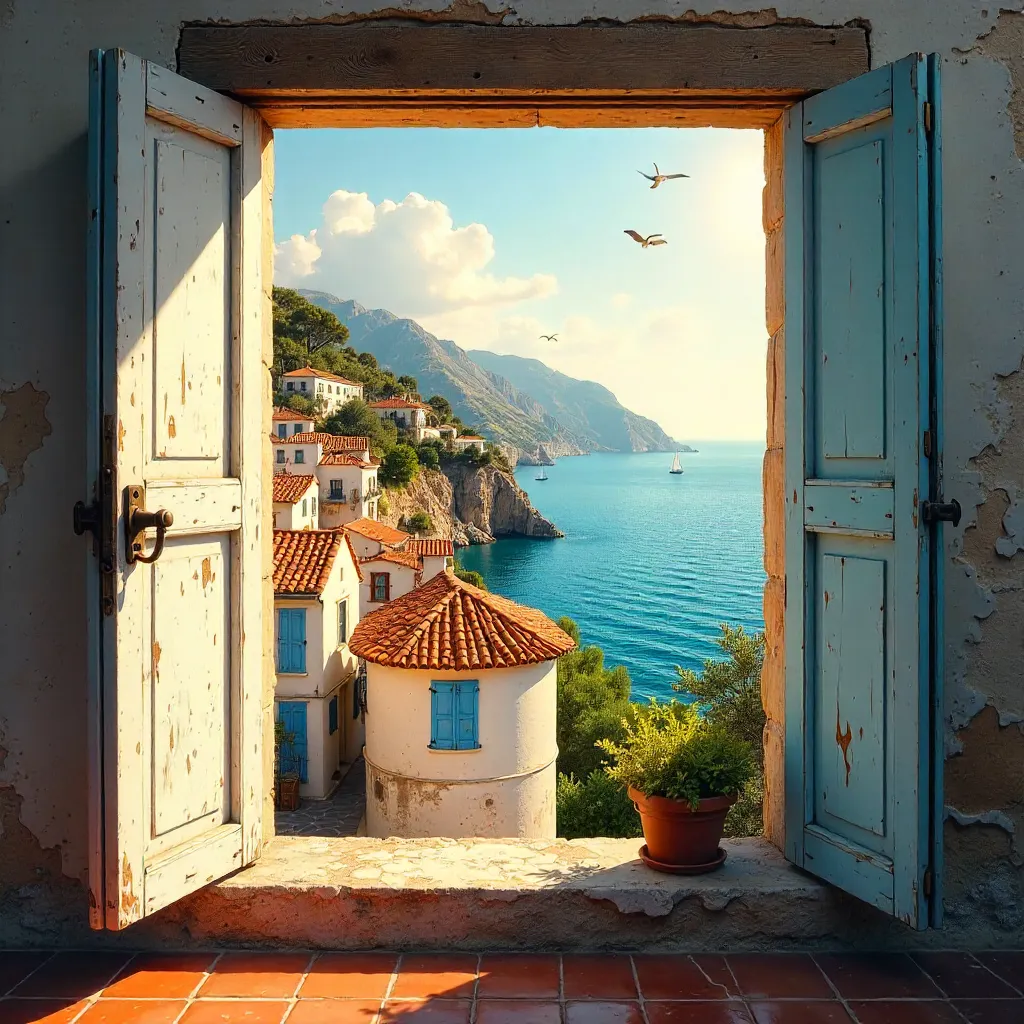 Mediterranean Rustic Window Overlooking the Sea Horizon
