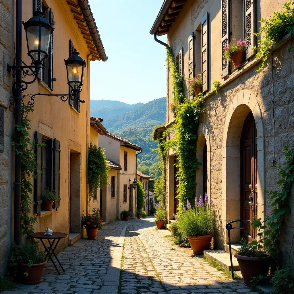 Rustic Occitanie Street with Vintage Lamp