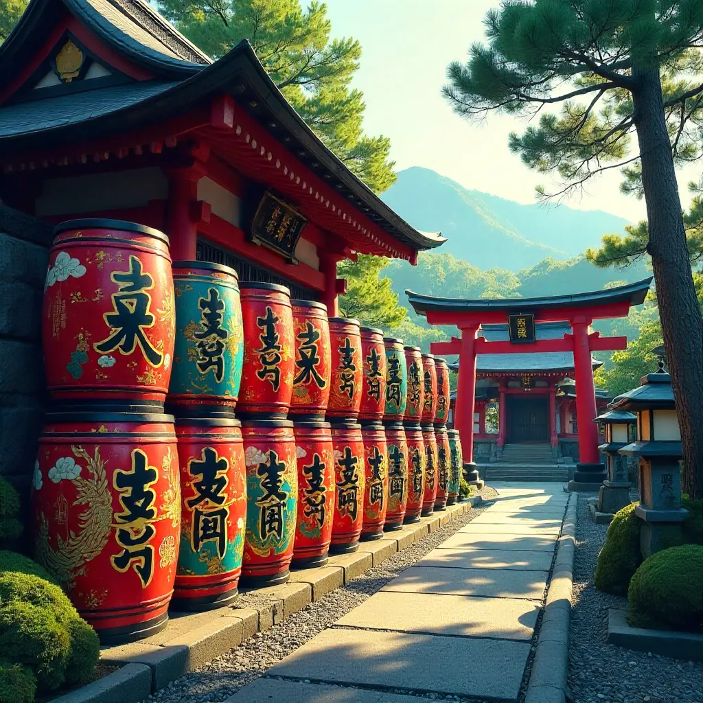 Brightly Painted Sake Barrels at a Shrine of Fortune