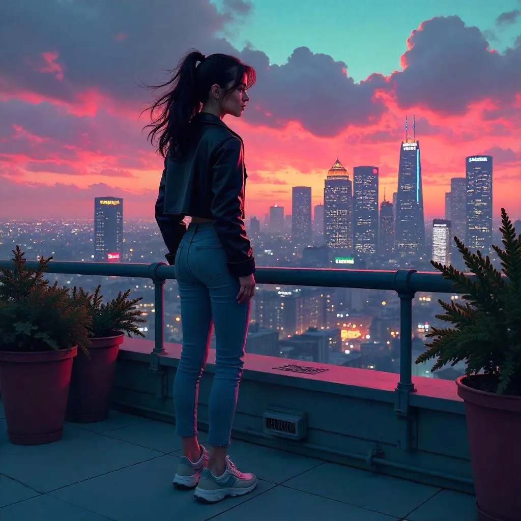 Rooftop Reverie: Digital Portrait of a Young Woman