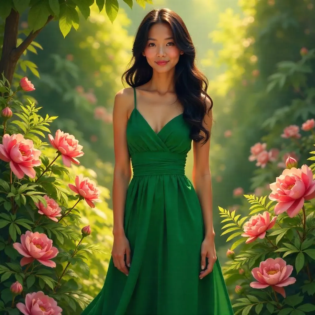 Confident Asian Woman in a Lush Garden - Digital Art