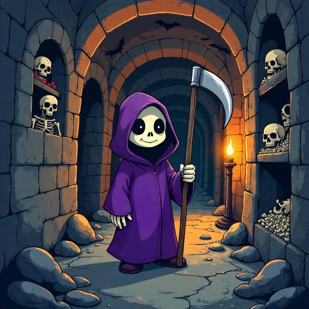 Cartoon Grim Reaper in the Catacombs