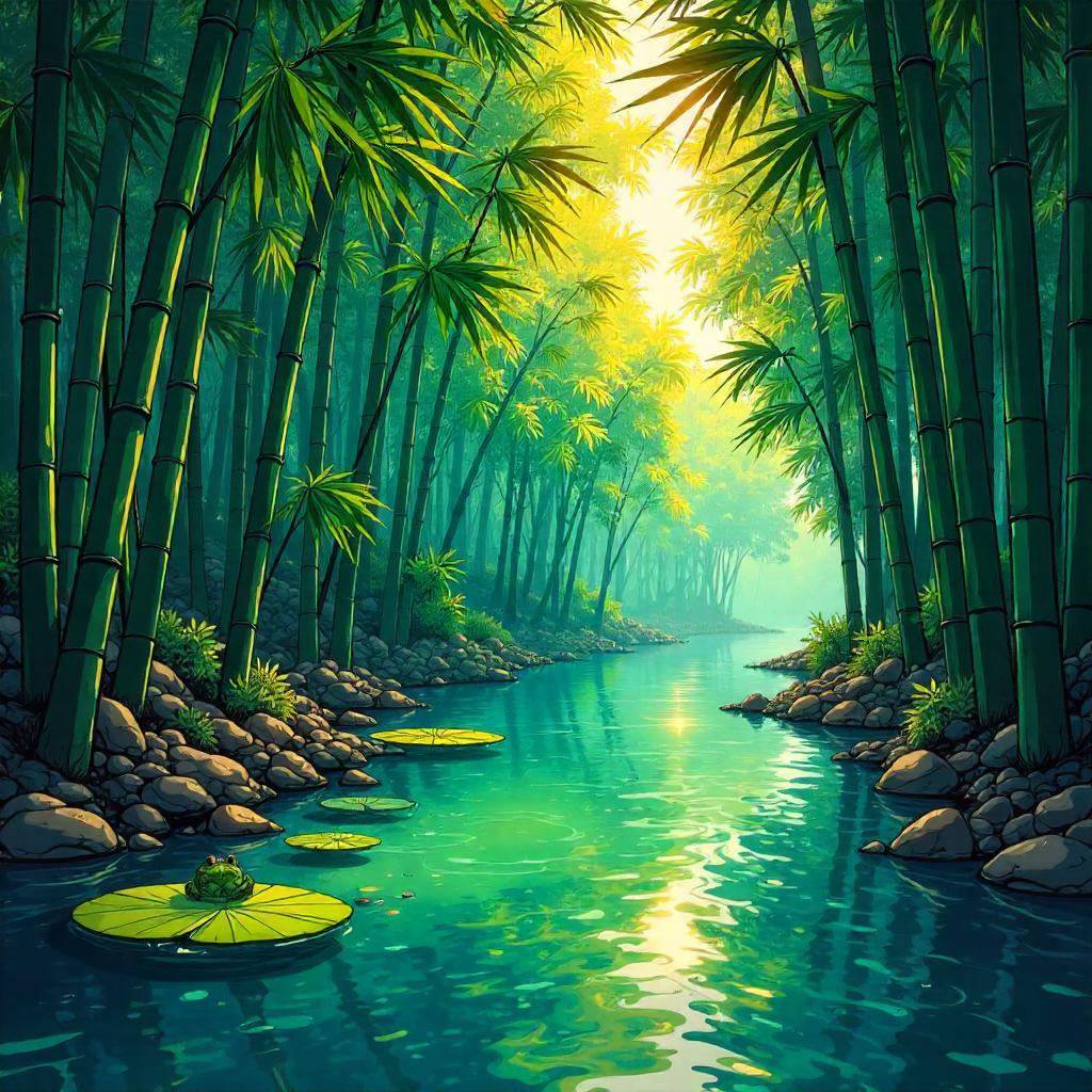 River in a Bamboo Grove: A Comic Book Scene